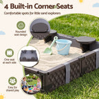 Keezi Kids Sandpit Sandbox With Cover 4 Seats Outdoor Sand Box Brown