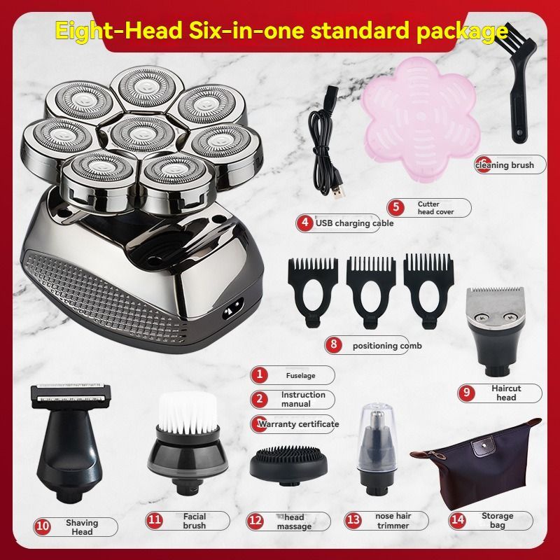 8 blade head shaver, bald head trimmer, hair trimmer for men, grooming tool, USB rechargeable shaver, head shaver Australia, bald head grooming kit - Silver - Size SET