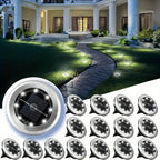 solar ground disk lights, outdoor lighting Australia, 8 LED lights, stainless steel solar lights, path lighting, garden driveway lights, courtyard lawn lighting, solar powered ground lights, energy efficient garden lights, automatic dusk to dawn lights -