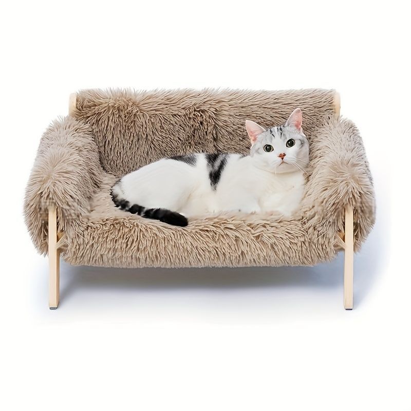 cat sofa bed, faux-fur cat bed, checkered pet bed, warm pet bed, washable pet bed, wooden cat bed, small dog bed, Australian pet bed - Beige - Size L