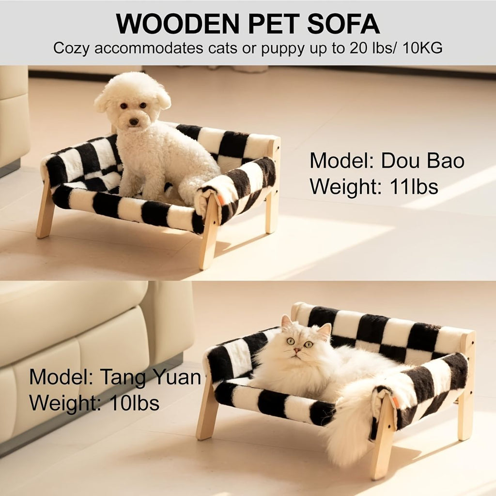 cat sofa bed, faux-fur cat bed, checkered pet bed, warm pet bed, washable pet bed, wooden cat bed, small dog bed, Australian pet bed - Beige - Size L