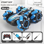 2.4G remote control car, electric stunt car, drifting car, spray function, kids toy car, double-sided stunt car, watch remote control, outdoor RC toy, rechargeable toy car - Blue - Size Dual-control