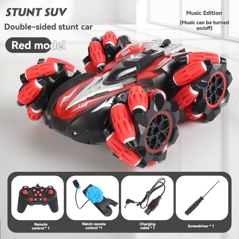 2.4G remote control car, electric stunt car, drifting car, spray function, kids toy car, double-sided stunt car, watch remote control, outdoor RC toy, rechargeable toy car - Blue - Size Dual-control