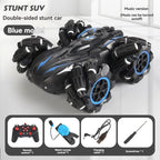 2.4G remote control car, electric stunt car, drifting car, spray function, kids toy car, double-sided stunt car, watch remote control, outdoor RC toy, rechargeable toy car - black and blue - Size Dual-control