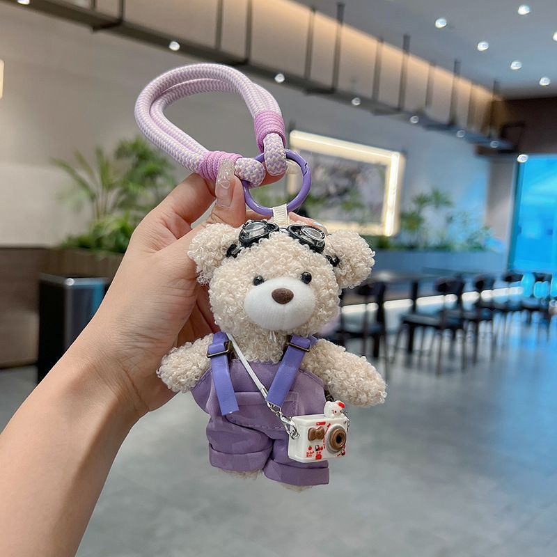 cute teddy bear keychain, plush teddy bear, teddy bear with goggles, teddy bear overalls, fashion keychain, bag charm, cute accessories - Blue - Size 1
