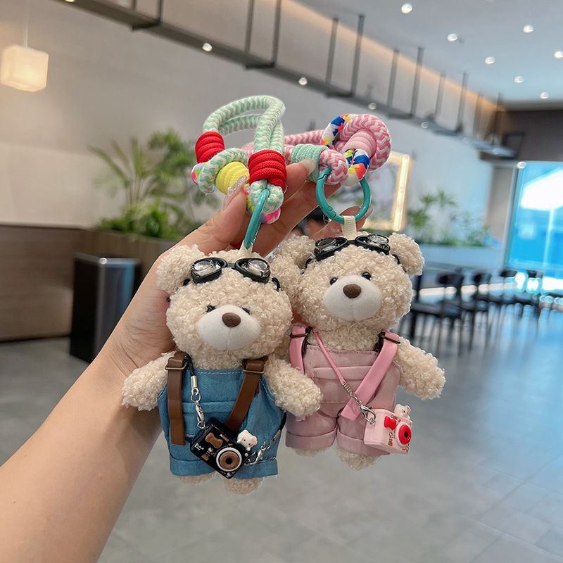 cute teddy bear keychain, plush teddy bear, teddy bear with goggles, teddy bear overalls, fashion keychain, bag charm, cute accessories - Light Brown - Size 1