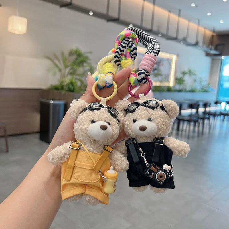 cute teddy bear keychain, plush teddy bear, teddy bear with goggles, teddy bear overalls, fashion keychain, bag charm, cute accessories - Light Brown - Size 1
