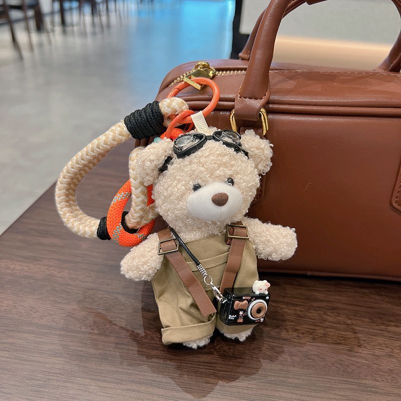 cute teddy bear keychain, plush teddy bear, teddy bear with goggles, teddy bear overalls, fashion keychain, bag charm, cute accessories - Light Brown - Size 1