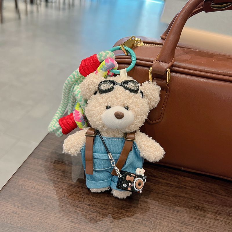 cute teddy bear keychain, plush teddy bear, teddy bear with goggles, teddy bear overalls, fashion keychain, bag charm, cute accessories - Pink - Size 1