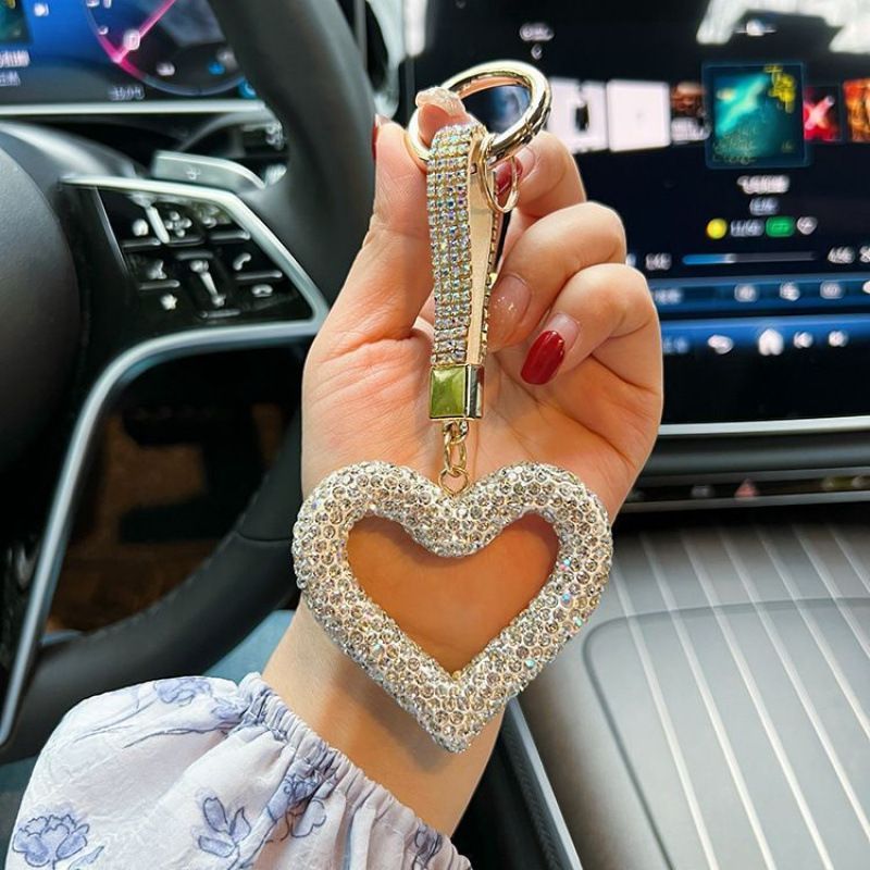red heart keychain, hollowed-out clay keychain, full diamond keychain, car key accessory, women's fashion accessory, Australian fashion, gift for her, sparkly keychain, clay keyring - Pink - Size Simple buckle