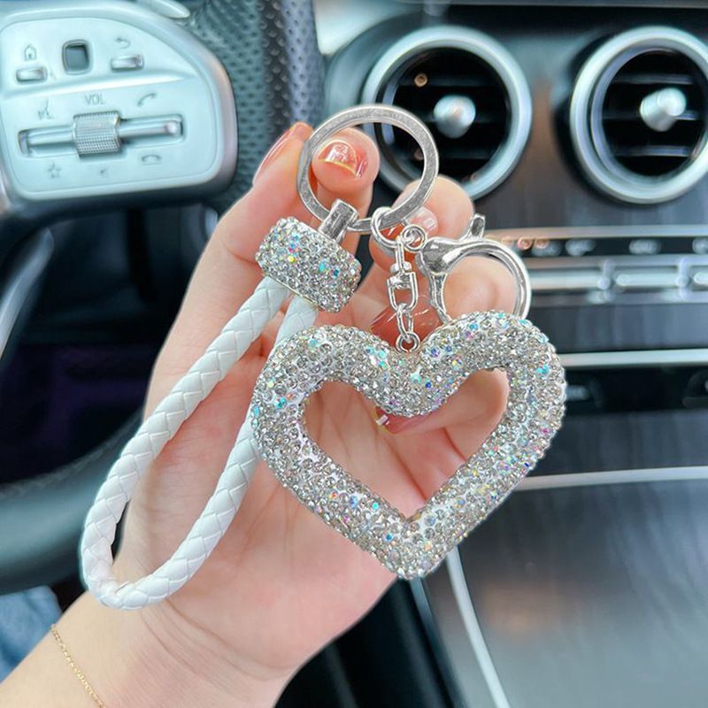 red heart keychain, hollowed-out clay keychain, full diamond keychain, car key accessory, women's fashion accessory, Australian fashion, gift for her, sparkly keychain, clay keyring - White - Size Fully - studded leather cord