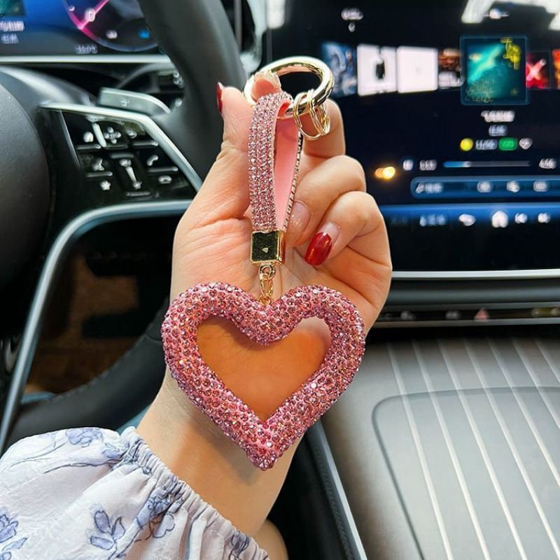 red heart keychain, hollowed-out clay keychain, full diamond keychain, car key accessory, women's fashion accessory, Australian fashion, gift for her, sparkly keychain, clay keyring - White - Size Fully - studded leather cord