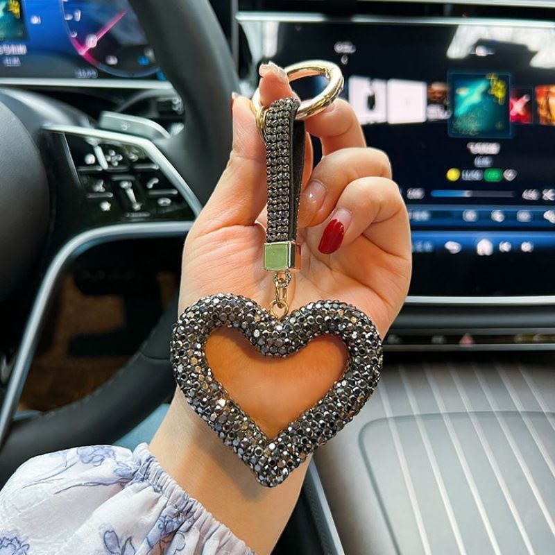 red heart keychain, hollowed-out clay keychain, full diamond keychain, car key accessory, women's fashion accessory, Australian fashion, gift for her, sparkly keychain, clay keyring - White - Size Fully - studded leather cord