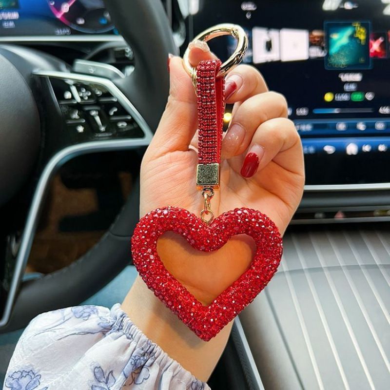 red heart keychain, hollowed-out clay keychain, full diamond keychain, car key accessory, women's fashion accessory, Australian fashion, gift for her, sparkly keychain, clay keyring - White - Size White diamond leather cord