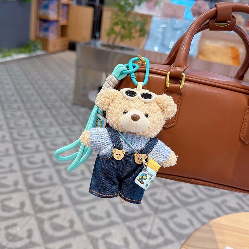 cute teddy bear keychain, teddy bear with suspenders, knitted sweater teddy bear, bag charm, quirky accessory, gift for teddy bear lovers - Pink - Size 1