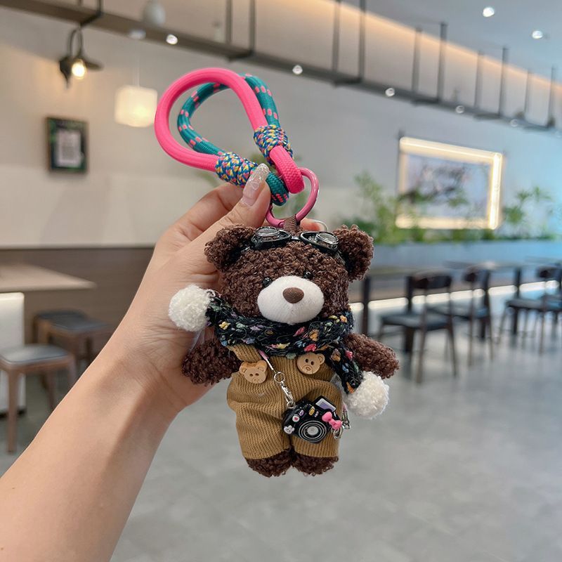 cute plush teddy bear keychain, scarf, overalls, Korean-style keychain, plush keychain, teddy bear accessory, small plushie, bag charm, gift for teen, Australian fashion accessoryv - Mocha - Size 1