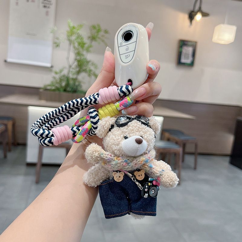 cute plush teddy bear keychain, scarf, overalls, Korean-style keychain, plush keychain, teddy bear accessory, small plushie, bag charm, gift for teen, Australian fashion accessoryv - Mocha - Size 1