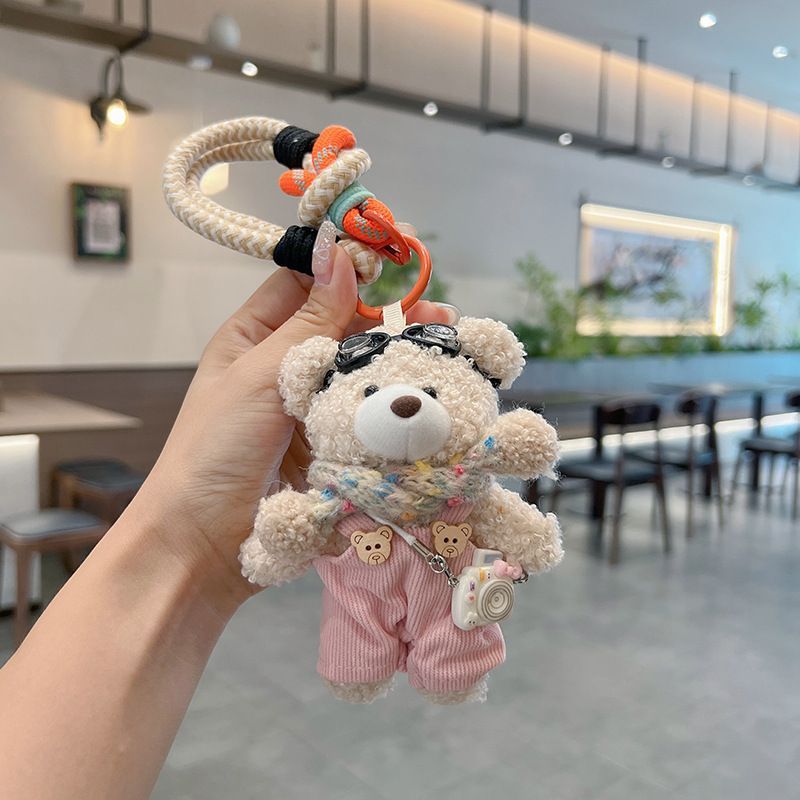 cute plush teddy bear keychain, scarf, overalls, Korean-style keychain, plush keychain, teddy bear accessory, small plushie, bag charm, gift for teen, Australian fashion accessoryv - Mocha - Size 1