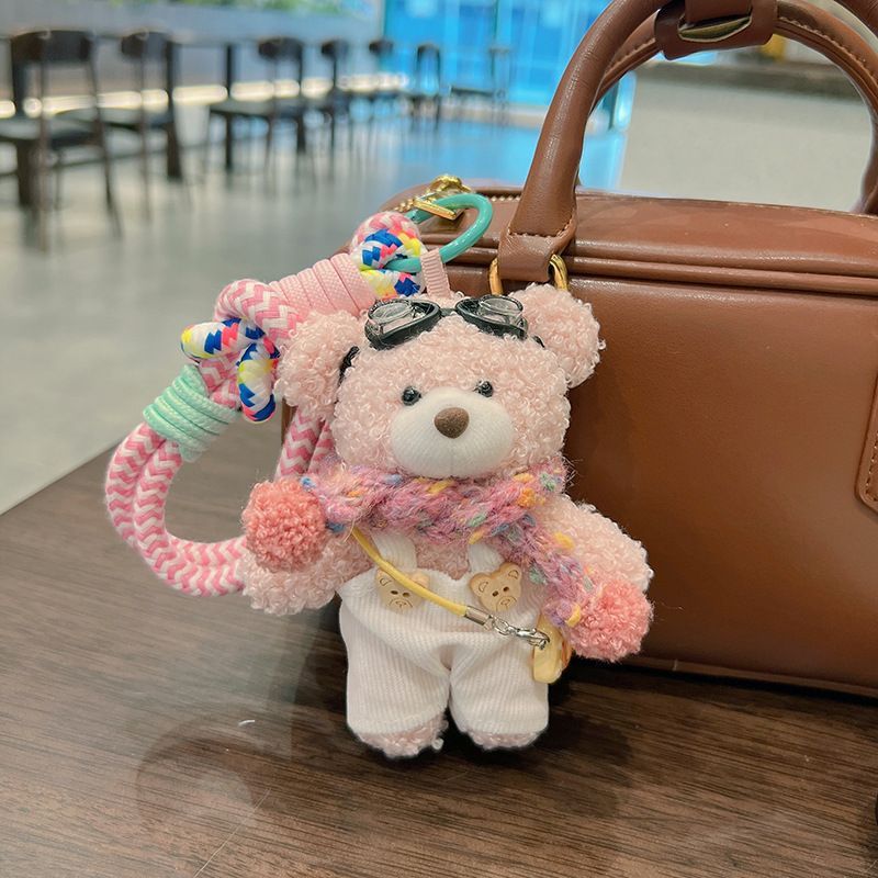 cute plush teddy bear keychain, scarf, overalls, Korean-style keychain, plush keychain, teddy bear accessory, small plushie, bag charm, gift for teen, Australian fashion accessoryv - Pink - Size 1