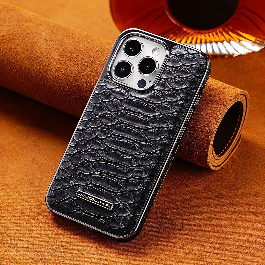 snake-pattern leather phone case, fingerprint-resistant phone case, high-end leather phone case, stylish phone case, durable phone case, Australia - Blue - Size iPhone 16 Pro Max