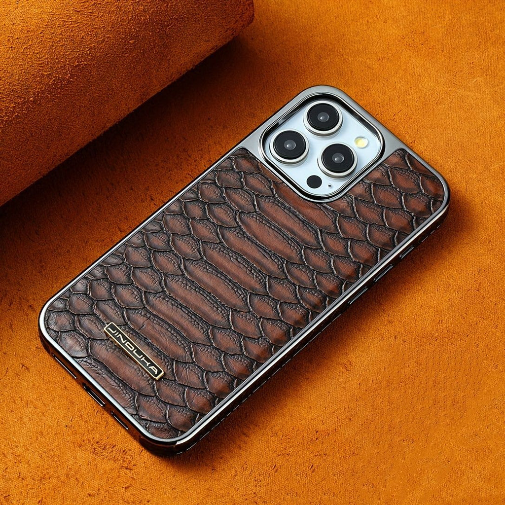 snake-pattern leather phone case, fingerprint-resistant phone case, high-end leather phone case, stylish phone case, durable phone case, Australia - Mocha - Size iPhone 16 Pro Max