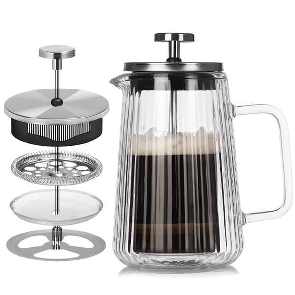 French Press Coffee Maker Double-Layer Glass Coffee Maker Ribbed Coffee Maker - Clear - Size 1000ML
