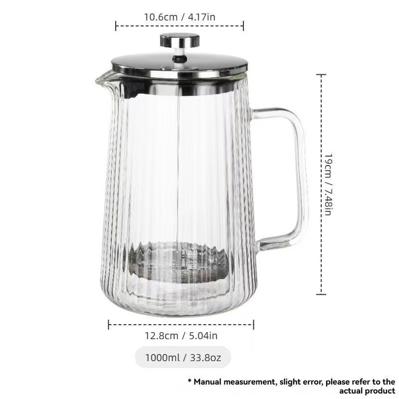 French Press Coffee Maker Double-Layer Glass Coffee Maker Ribbed Coffee Maker - Clear - Size 1000ML