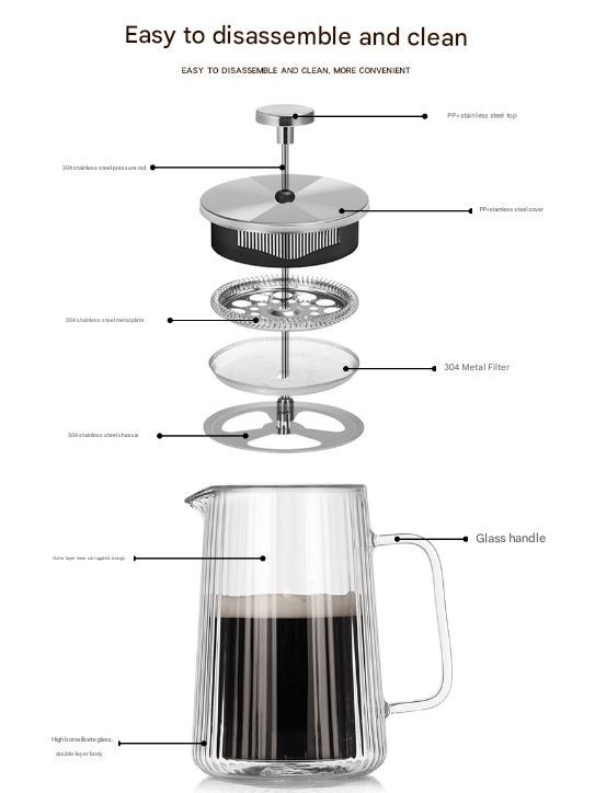 French Press Coffee Maker Double-Layer Glass Coffee Maker Ribbed Coffee Maker - Clear - Size 650ML