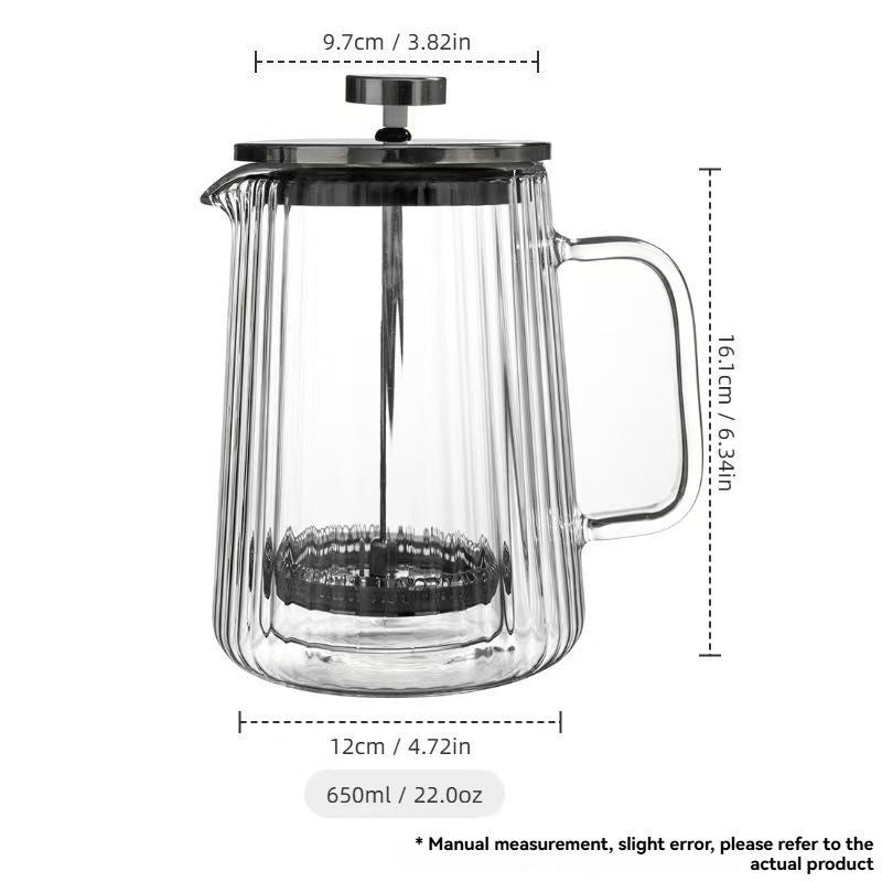 French Press Coffee Maker Double-Layer Glass Coffee Maker Ribbed Coffee Maker - Clear - Size 650ML