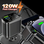 120W Car Charger Fast Charging Retractable Cables 2 Data Cables Universal Plug - Black - Size IP