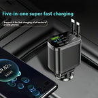 120W Car Charger Fast Charging Retractable Cables 2 Data Cables Universal Plug - Black - Size IP