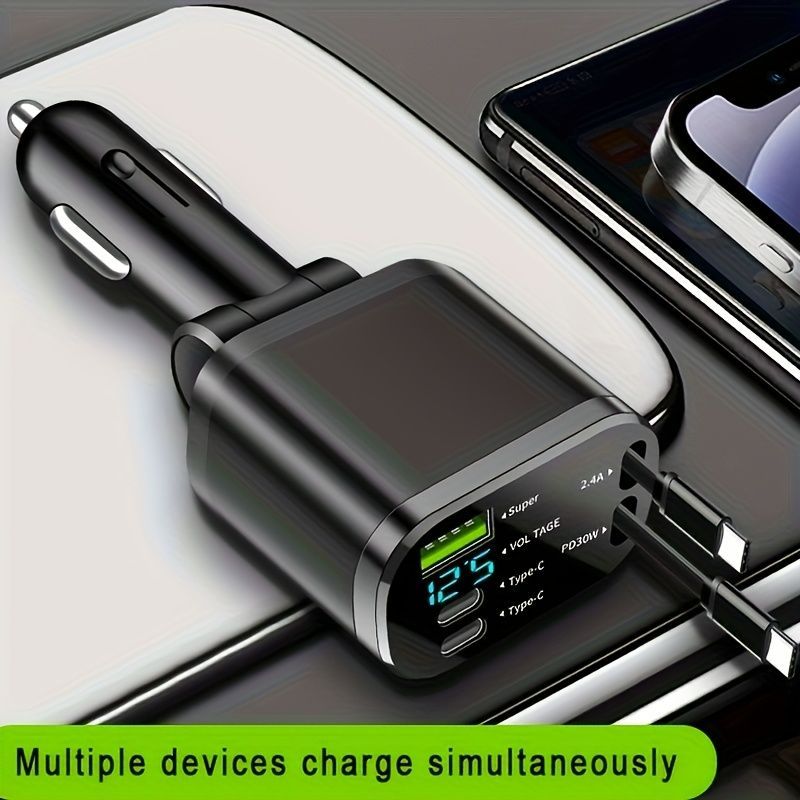 120W Car Charger Fast Charging Retractable Cables 2 Data Cables Universal Plug - Black - Size IP