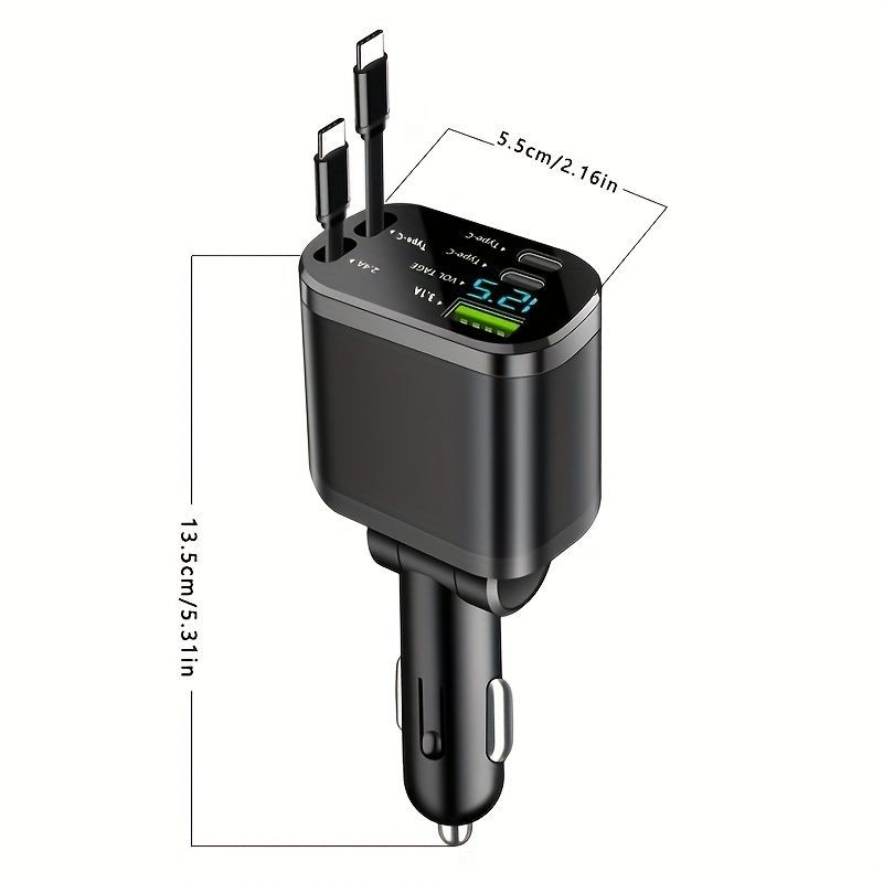 120W Car Charger Fast Charging Retractable Cables 2 Data Cables Universal Plug - Black - Size TC