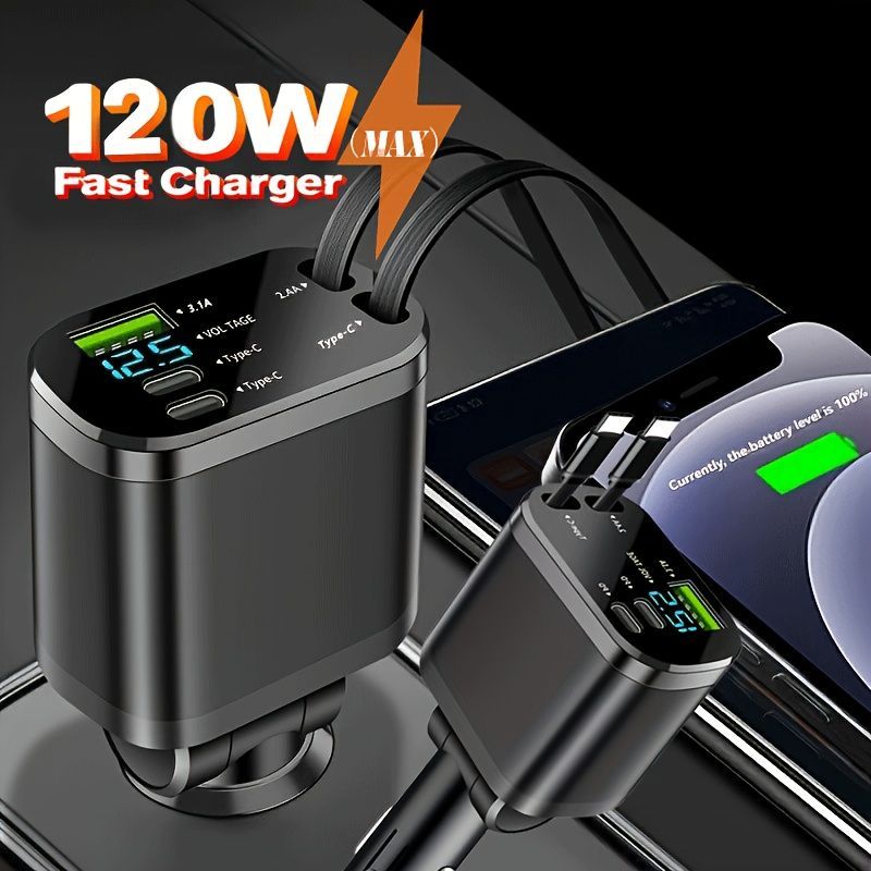 120W Car Charger Fast Charging Retractable Cables 2 Data Cables Universal Plug - Black - Size TC