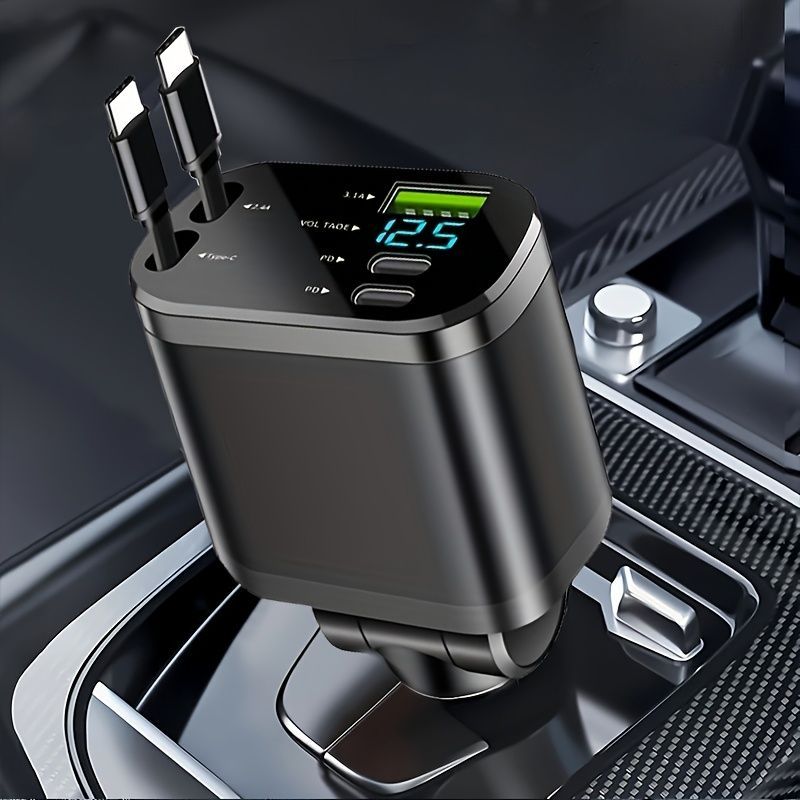 120W Car Charger Fast Charging Retractable Cables 2 Data Cables Universal Plug - Black - Size TC