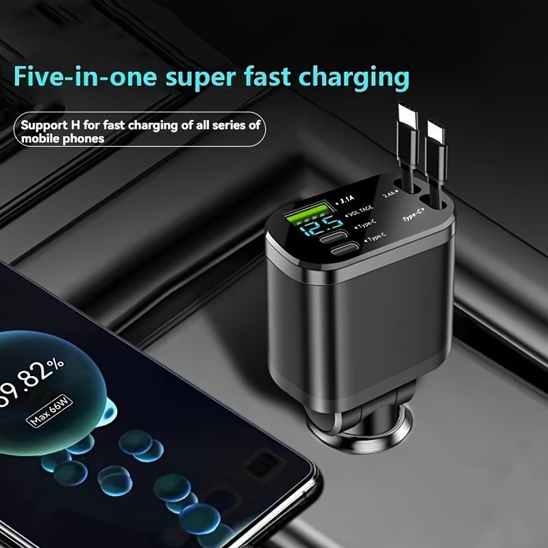 120W Car Charger Fast Charging Retractable Cables 2 Data Cables Universal Plug - Black - Size TC