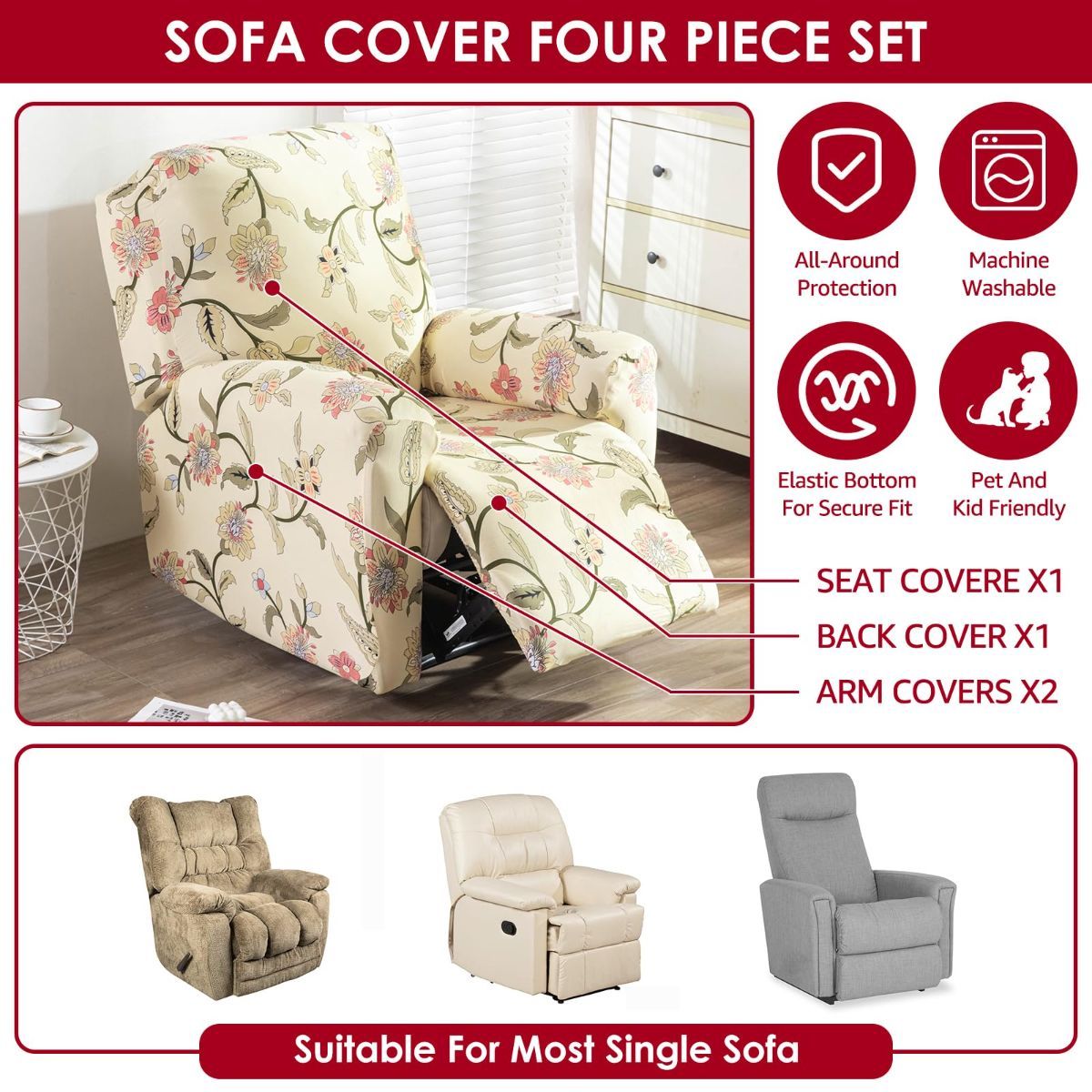 Recliner Cover Anti Scratch Lazy Recliner Chair Cover Protective Stretching Printed Reclining Chair Cover Sofa Slipcovers Convenient Elastic Reclining Chair Slipcover for Home - Beige - Size Two-seater