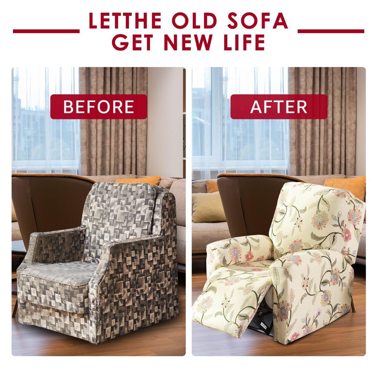 Recliner Cover Anti Scratch Lazy Recliner Chair Cover Protective Stretching Printed Reclining Chair Cover Sofa Slipcovers Convenient Elastic Reclining Chair Slipcover for Home - Beige - Size Two-seater