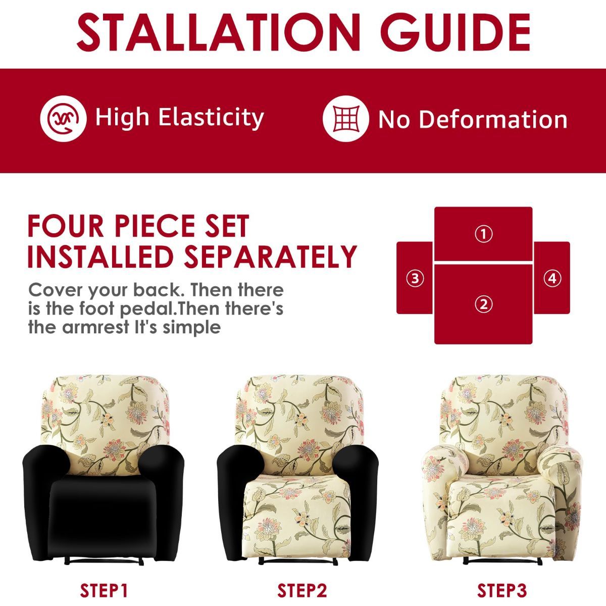 Recliner Cover Anti Scratch Lazy Recliner Chair Cover Protective Stretching Printed Reclining Chair Cover Sofa Slipcovers Convenient Elastic Reclining Chair Slipcover for Home - Black - Size Two-seater