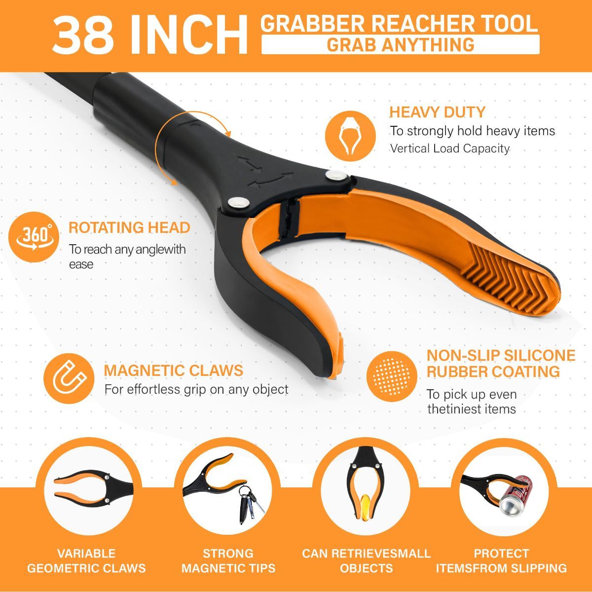 38" Extra Long Grabber Reacher Tool – 2 Pack Extra Long Foldable Reacher Grabber Pickup Tools with 360° Rotating Jaw - Heavy Duty Pick Up Grabbers for Seniors, Trash, Surgery Recovery (Orange Blue)