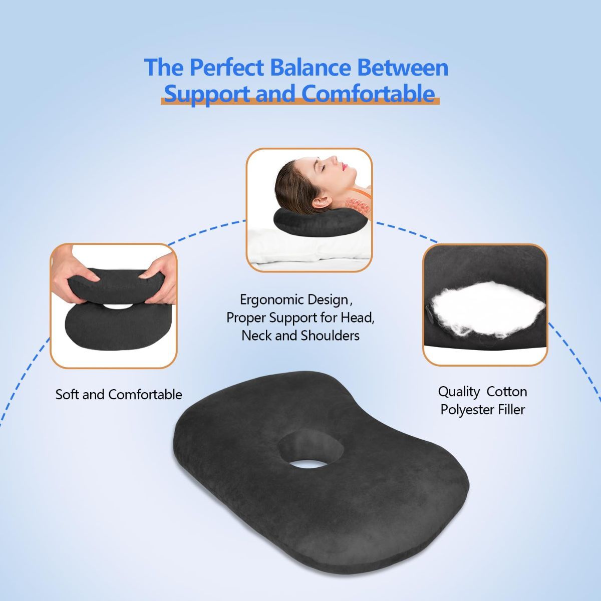 Ear Piercing Hole Pillows Side Sleeper Pillow with an Ear Hole for CNH Side Sleepers and Ear Inflammation Pressure Sores, Adjustable Cotton and Polyester Curved Side Pillow - Gray - Size 44cm*32cm