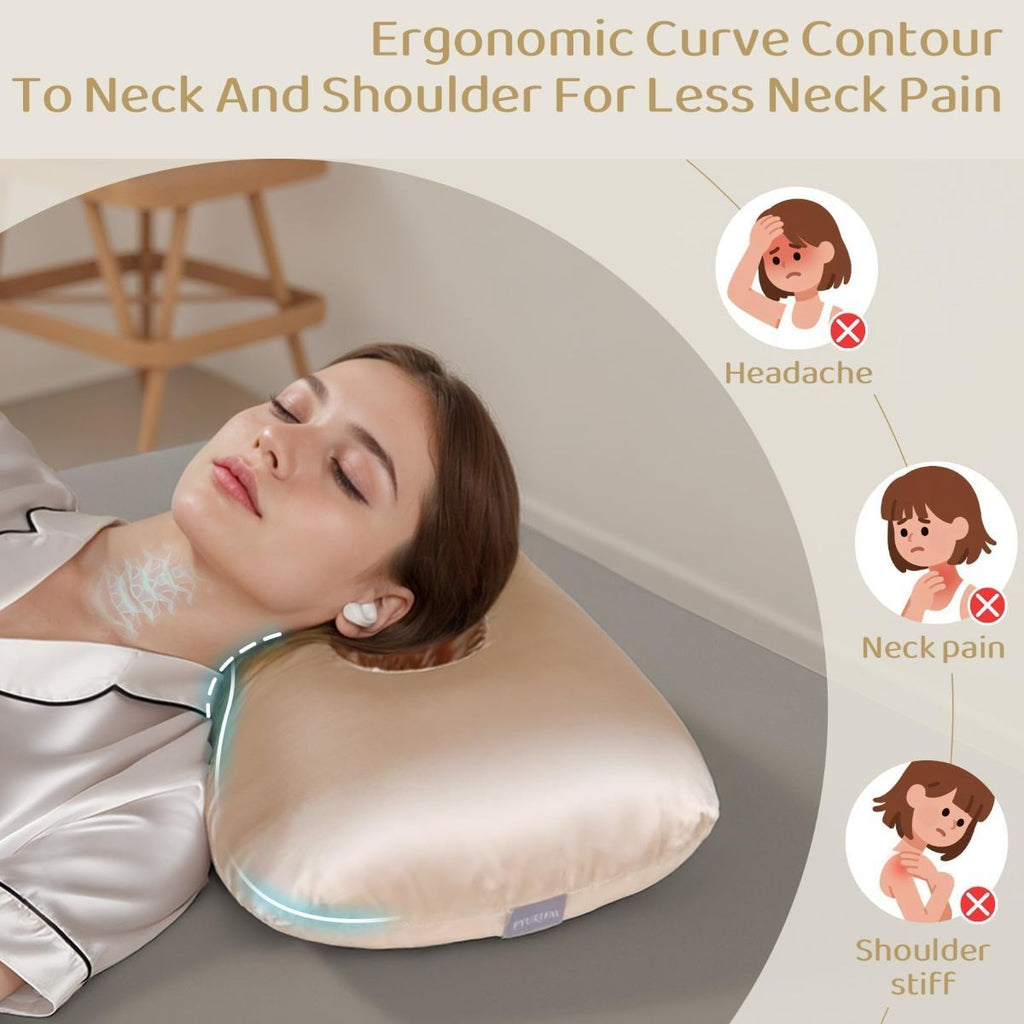 Piercing Pillow - Ear Piercing Pillow With Foam Plug, Adjust Shredded Memory Foam Picrcing Pillow For Side Sleepers, Donut Piliow For Ear With 4.5x4.5''Hole, Ergonomic Curved Design, Satin Champagne | Ear Piercing Pillow For Side Sleepers, Donut Piliow Fo