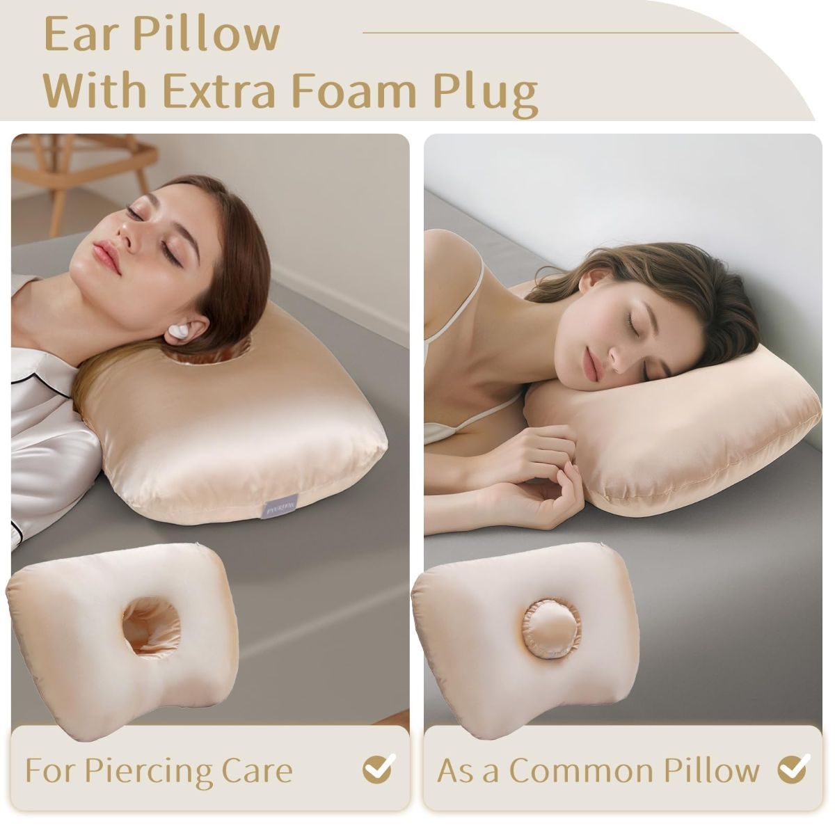 Piercing Pillow - Ear Piercing Pillow With Foam Plug, Adjust Shredded Memory Foam Picrcing Pillow For Side Sleepers, Donut Piliow For Ear With 4.5x4.5''Hole, Ergonomic Curved Design, Satin Gray | Ear Piercing Pillow For Side Sleepers, Donut Piliow For Ear