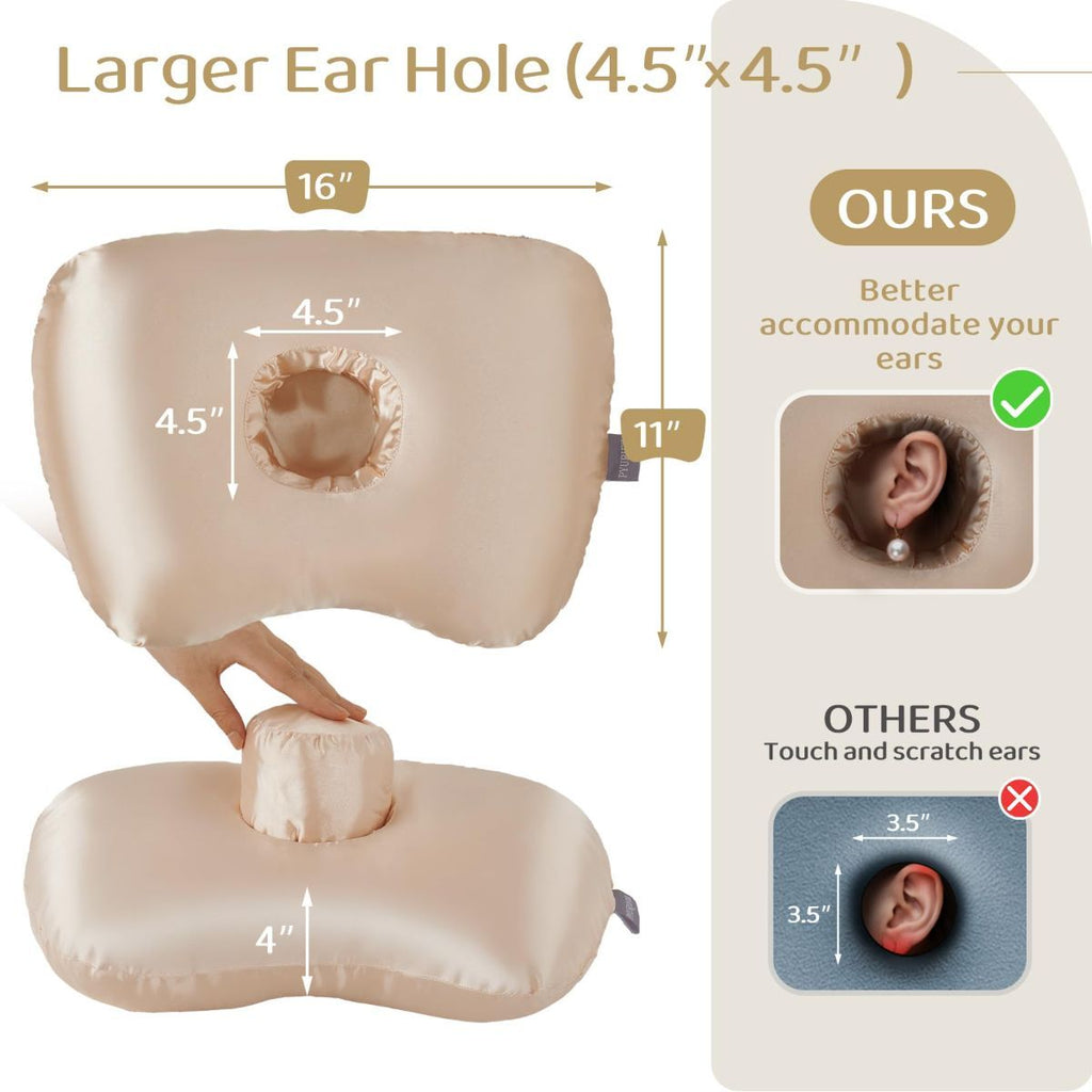 Piercing Pillow - Ear Piercing Pillow With Foam Plug, Adjust Shredded Memory Foam Picrcing Pillow For Side Sleepers, Donut Piliow For Ear With 4.5x4.5''Hole, Ergonomic Curved Design, Satin Gray | Ear Piercing Pillow For Side Sleepers, Donut Piliow For Ear