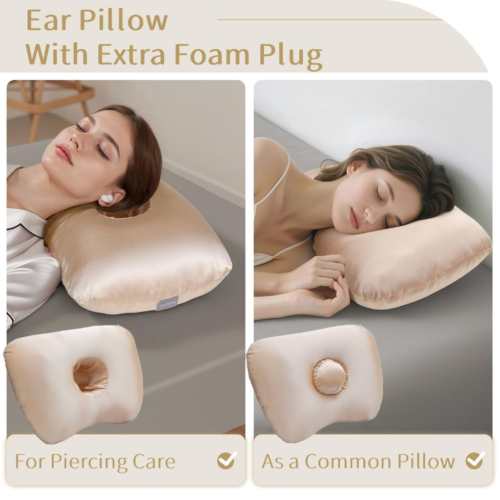 Piercing Pillow - Ear Piercing Pillow With Foam Plug, Adjust Shredded Memory Foam Picrcing Pillow For Side Sleepers, Donut Piliow For Ear With 4.5x4.5''Hole, Ergonomic Curved Design, Satin Pink | Ear Piercing Pillow For Side Sleepers, Donut Piliow For Ear