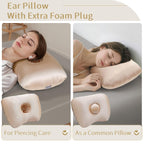 Piercing Pillow - Ear Piercing Pillow With Foam Plug, Adjust Shredded Memory Foam Picrcing Pillow For Side Sleepers, Donut Piliow For Ear With 4.5x4.5''Hole, Ergonomic Curved Design, Satin Pink | Ear Piercing Pillow For Side Sleepers, Donut Piliow For Ear