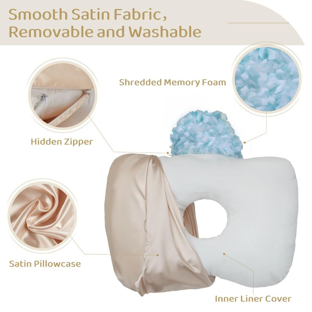 Piercing Pillow - Ear Piercing Pillow With Foam Plug, Adjust Shredded Memory Foam Picrcing Pillow For Side Sleepers, Donut Piliow For Ear With 4.5x4.5''Hole, Ergonomic Curved Design, Satin Pink | Ear Piercing Pillow For Side Sleepers, Donut Piliow For Ear