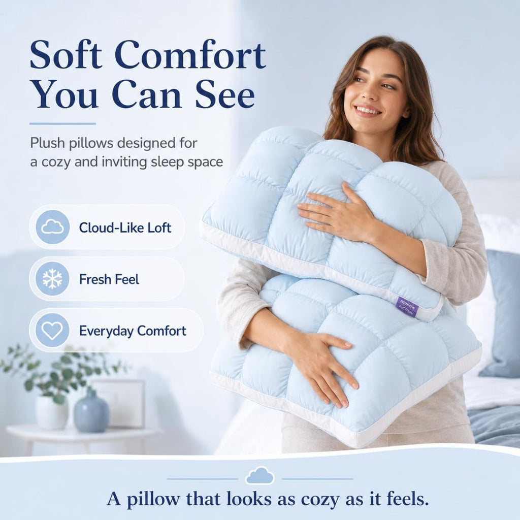 Mellow Puff Cooling Pillow for Sleeping, Fluffy Cloud Pillow with Ice-Silk Touch, Breathable Quilted Grid Design, for Side and Back Sleepers, Machine Washable - Blue - Size 26in*20in
