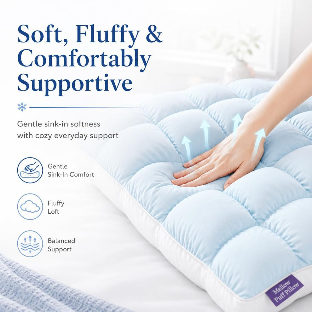 Mellow Puff Cooling Pillow for Sleeping, Fluffy Cloud Pillow with Ice-Silk Touch, Breathable Quilted Grid Design, for Side and Back Sleepers, Machine Washable - Gray - Size 26in*20in