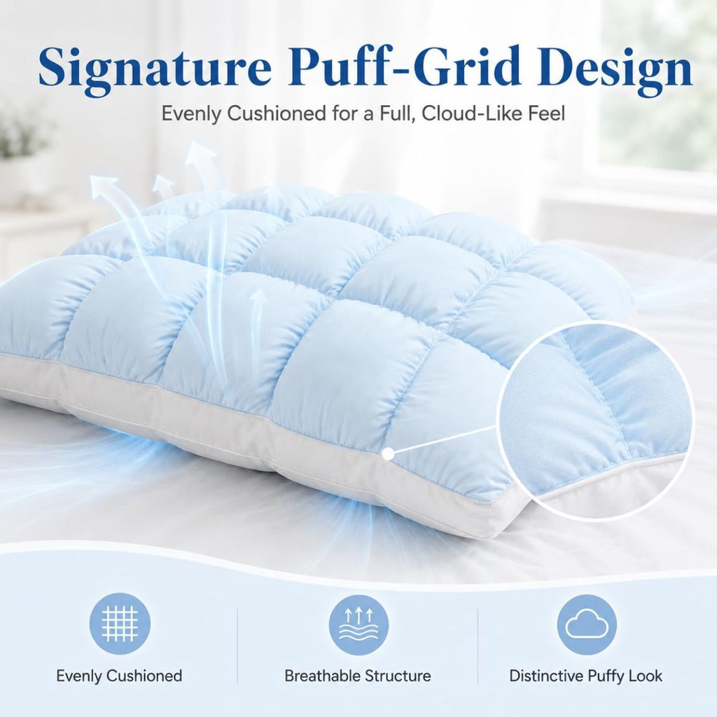 Mellow Puff Cooling Pillow for Sleeping, Fluffy Cloud Pillow with Ice-Silk Touch, Breathable Quilted Grid Design, for Side and Back Sleepers, Machine Washable - Gray - Size 26in*20in
